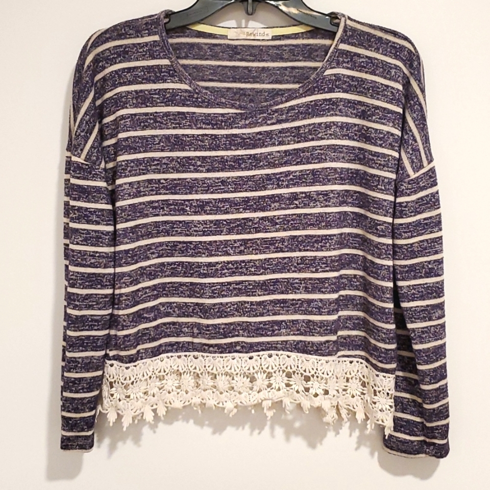REWIND blue and white stripe 3/4 length sleeve crochet trim top tunic Lrg.